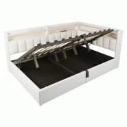 Merax Lit rembourré  140 x 200 cm, lit de repos, lit de repos avec espace de rangement hydraulique, LED, ports USB et housse en velours, blanc - blan