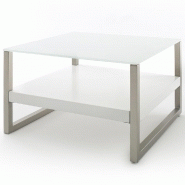 TABLE BASSE CARRÉE BERA 65 X 65 CM PLATEAU EN VERRE, STRUCTURE EN MDF BLANC ET MÉTAL LAQUÉ ACIER