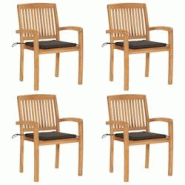 VidaXL Chaises De Jardin Empilables Avec Coussins Lot De 4 Teck Solide - gris 3073218 VidaXL Chaises De Jardin Empilables Avec Coussins Lot De 4 Teck Solide - gris 3073218