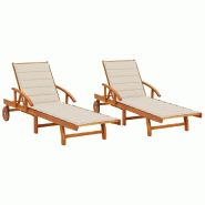 VidaXL Chaises Longues Lot De 2 Avec Coussins Bois D Acacia Solide - beige 3077333