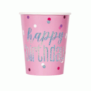 8 gobelets rose & argent Happy Birthday - 82248_0