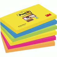 Post-it Super Sticky Notes, Couleurs Carnival, Pack de 6 Blocs, 90 Feuilles par Bloc, 76 mm x 127 mm, Jaune, Bleu, Vert, Rose, Orange - pour Prise de