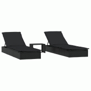Helloshop26 - Lot de deux transats avec table 201 cm  résine tressée noir 02_0012983 - noir Bois massif 3000708747761
