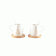 Aulica Tasses à café sapin avec cuillères et soucoupes en bois - lot de 2 - blanc 870801 Aulica Tasses à café sapin avec cuillères et soucoupes en bois - lot de 2 - blanc 870801