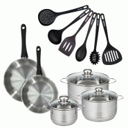 Batterie de cuisine avec 2 poêles 24/28 cm et 3 faitouts 16/20/24 cm avec 6 ustensiles de cuisine sans PFAS Fackelmann Généva Brillant Fénix - gri_0