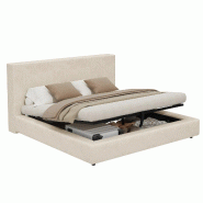 Merax Lit capitonné 180 x 200 cm avec rangements hydrauliques, sommier à lattes et tête de lit capitonnée, chenille beige - beige multi-matériau