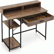 COSTWAY Bureau avec Tiroir, Support d'Écran et 2 Étagères Ouvertes, Bureau d'Ordinateur avec Cadre Métallique, Table pour PC, Table de Bureau - ma