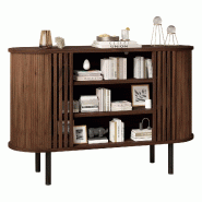 Merax Buffet  120 x 40 x 80 cm avec 3 compartiments ouverts, design à lattes et pieds en métal réglables, aspect bois de noyer - marron multi-maté