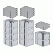 PROREGAL 10x Bac Euro NextGen Economy avec couvercle d'appui et 4 fermetures à glissière noires poignées fermées 22x30x40cm 20L - noir plastique R