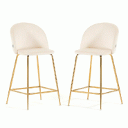 RATTATAN Lot de 2 tabourets de bar en velours avec pieds en métal,h.65cm,pour bar,restaurant et cuisine,design élégant–Sara XL–Ivoire/Or - blan