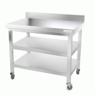 Table de travail en inox 1200 x 600 mm adossée avec 2 étagères sur roulettes PREMIUM / GOLDINOX - inox 3701770801756 Table de travail en inox 1200 x 600 mm adossée avec 2 étagères sur roulettes PREMIUM / GOLDINOX - inox 3701770801756