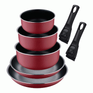 BERGNER Click&Cook - Ensemble de 2 poêles Ø22/Ø26 cm et 3 casseroles Ø16/Ø18/Ø20 cm en aluminium embouti rouge avec poignées amovibles - PK8811