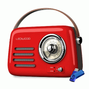 Radio Rétro portable Ledwood ALMA, FM, Bluetooth 5.3 Entrée USB, Puissance 30W - Batterie 1500mAh - Retro Vintage Rouge+Clé 32G - 3666638035790