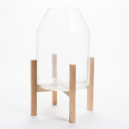 Pot en verre sur support bois D 29 x H 48 cm