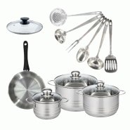 Batterie de cuisine avec 1 poêle 20 cm et 3 faitouts 16/20/24 cm avec 7 ustensiles de cuisine Fackelmann Généva Brillant Oxford avec couvercles - g_0