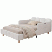Merax Lit capitonné 90 x 200 cm avec tête de lit capitonnée, protection antichute, accoudoirs flexibles et pieds en hévéa, Bouclé beige - beige