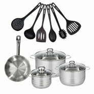 Batterie de cuisine avec 1 poêle 20 cm et 3 faitouts 16/20/24 cm avec 6 ustensiles de cuisine sans PFAS Fackelmann Etherna Brillant Fenix - gris inox