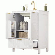Merax meuble sous-vasque sur pied, meuble de salle de bain avec lavabo en céramique, façade ondulée, fermeture amortie et tiroir, 61 x 47 x 87, bla