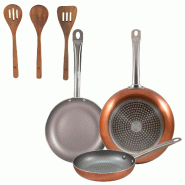BERGNER - Ensemble de 3 Poêles en Aluminium Pressé Ø18/Ø22/Ø26 cm Compatibles Induction Optimum Plus Set 3Pc Ustensiles Cuisine Bois Acacia - PK9216