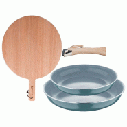 BERGNER - Ensemble de 2 poêles Ø22/26cm aluminium embouti vert compatible induction avec poignée amovible et planche à découper ronde en bois de