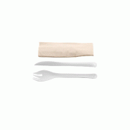 Betik EKO – 500 unités – Kit couvert réutilisable blanc design 4 en 1 – couteau + fourchette + cuillère + serviette kraft - blanc plastique 1010727