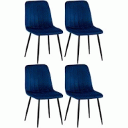Décoshop26 - Lot de 4 chaises de salle à manger coutures décoratives verticales assise en tissu velours bleu pieds en métal noir 10_0001862 - bleu Décoshop26 - Lot de 4 chaises de salle à manger coutures décoratives verticales assise en tissu velours bleu pieds en métal noir 10_0001862 - bleu