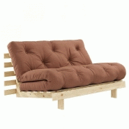 CANAPÉ CONVERTIBLE FUTON ROOTS PIN NATUREL TISSU BRUN ARGILE COUCHAGE 140*200 CM.