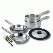Batterie de cuisine avec 3 poêles 20/26/28 cm et 2 casseroles 14/18 cm avec 1 couvercle de cuisson universel sans PFAS Fackelmann Vita3 - gris Acier