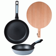 BERGNER - Jeu de 2 poêles Ø20/26 cm en aluminium embouti compatible induction avec planche à découper ronde en bois de hêtre - PK9522