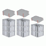 PROREGAL 8x Bac Euro NextGen Economy avec couvercle d'appui et 4 fermetures à glissière rouges poignées fermées 22x30x40cm 20L - noir plastique RM PROREGAL 8x Bac Euro NextGen Economy avec couvercle d'appui et 4 fermetures à glissière rouges poignées fermées 22x30x40cm 20L - noir plastique RM