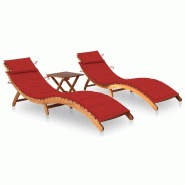 VidaXL Chaises Longues Lot De 2 Avec Table Et Coussins Acacia Solide - rouge 3077382