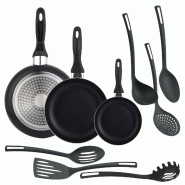 WellHome - Ensemble de 3 poêles Ø16/20/24 cm en aluminium embouti noir avec ensemble de 6 ustensiles de cuisine en PBT - aluminium PK8365
