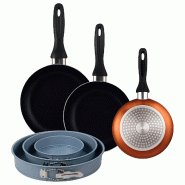 BERGNER - Set de 3 poêles Ø16/20/24 cm en aluminium pressé coloris bronze métallisé avec lot de 3 moules à gâteau ronds Ø12/18/22 cm - PK9865
