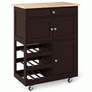 COSTWAY Chariot cuisine sur roues, avec tiroirs, rangement vin 3 niveaux et plan de travail, marron - marron Bois manufacturé TI89284NZ