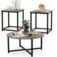 COSTWAY Lot 3 Tables, Cadre Métallique, 1 Ronde et 2 Carrées, pour Salon et Chambre, Moderne, Gigogne, Gris - multicolore Bois manufacturé VH33235SD_0