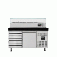 Vaiotec Comptoir à pizza 1 porte + 7 tiroirs temp. De +2 °C à +8 °C « noir » incl. Vitrine réfrigérée en verre GN1/4 - inox 11265