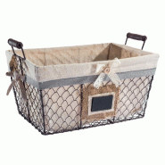 Panier en métal doublé de tissu - ardoise et poignées en bois - 35x24x18cm