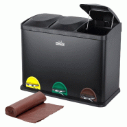 WellHome - Poubelle de recyclage Noire 45L à 3 compartiments avec Rouleau de 20 sacs poubelle à fermeture automatique de 20L - noir multi-matériau