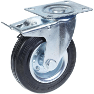 Roulette pivotante/frein de 125 mm en caoutchouc noir sur roue centrale en acier embouti Roulette pivotante/frein de 125 mm en caoutchouc noir sur roue centrale en acier embouti