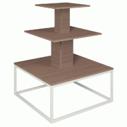 Présentoir 3 niveaux base métal blanc Vertigo noyer 90x90x117cm