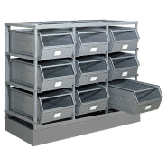 Rack de rangement 9 postes avec bacs métalliques vernis 88 litres Rack de rangement 9 postes avec bacs métalliques vernis 88 litres