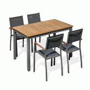 REMARQUABLE Ensemble de table de jardin avec structure en aluminium gris anthracite, plateau en bois d'acacia (150/200 x 90 cm) et 4 fauteuils - ORSIN