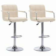 Décoshop26 - Tabourets de bar x2 chaises haute avec dossiers et accoudoirs en tissu crème cadre en acier DEC029387 - 3000257351693