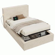Merax Lit capitonné 90 x 200 cm, rangements hydrauliques, liseuse, USB & USB-C, sommier à lattes, tête de lit capitonnée & housse chenille, beige