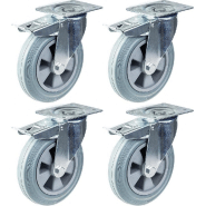 Roulette 200mm 8" pivotante en caoutchouc gris avec frein capacité 820kg, jeu de 4 Roulette 200mm 8" pivotante en caoutchouc gris avec frein capacité 820kg, jeu de 4