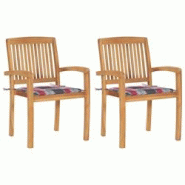 VidaXL Chaises De Jardin Lot De 2 Avec Coussins à Carreaux Rouges Teck - multicolore 3063265 VidaXL Chaises De Jardin Lot De 2 Avec Coussins à Carreaux Rouges Teck - multicolore 3063265