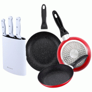 BERGNER - Ensemble de 3 poêles avec revêtement en marbre Ø16/Ø20/Ø24 cm avec ensemble de 3 couteaux avec bloc en acier inoxydable - PK9177