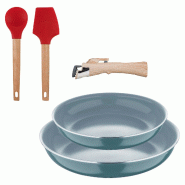BERGNER - Lot de 2 poêles Ø24/28 cm en aluminium pressé recyclé vert avec poignée amovible et lot de 2 ustensiles de cuisine EXCALIBUR - PK9705