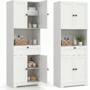 COSTWAY Meuble haut salle de bain, armoire 4 portes+1 tiroir, compartiment ouvert, étagère 3 niveaux, 60 x 35 x 171,5 cm, blanc - blanc Bois manufac