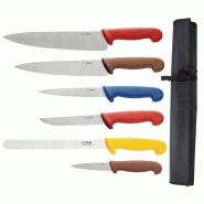 Ensemble de 6 couteaux avec code couleur - Hygiplas - Avec trousse en nylon et différentes tailles Ensemble de 6 couteaux avec code couleur - Hygiplas - Avec trousse en nylon et différentes tailles